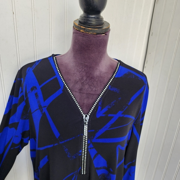 Joseph Ribkoff Edgy V-neck Zipper Top Style  Blue Black Blouse Sz 14 - Picture 8 of 16